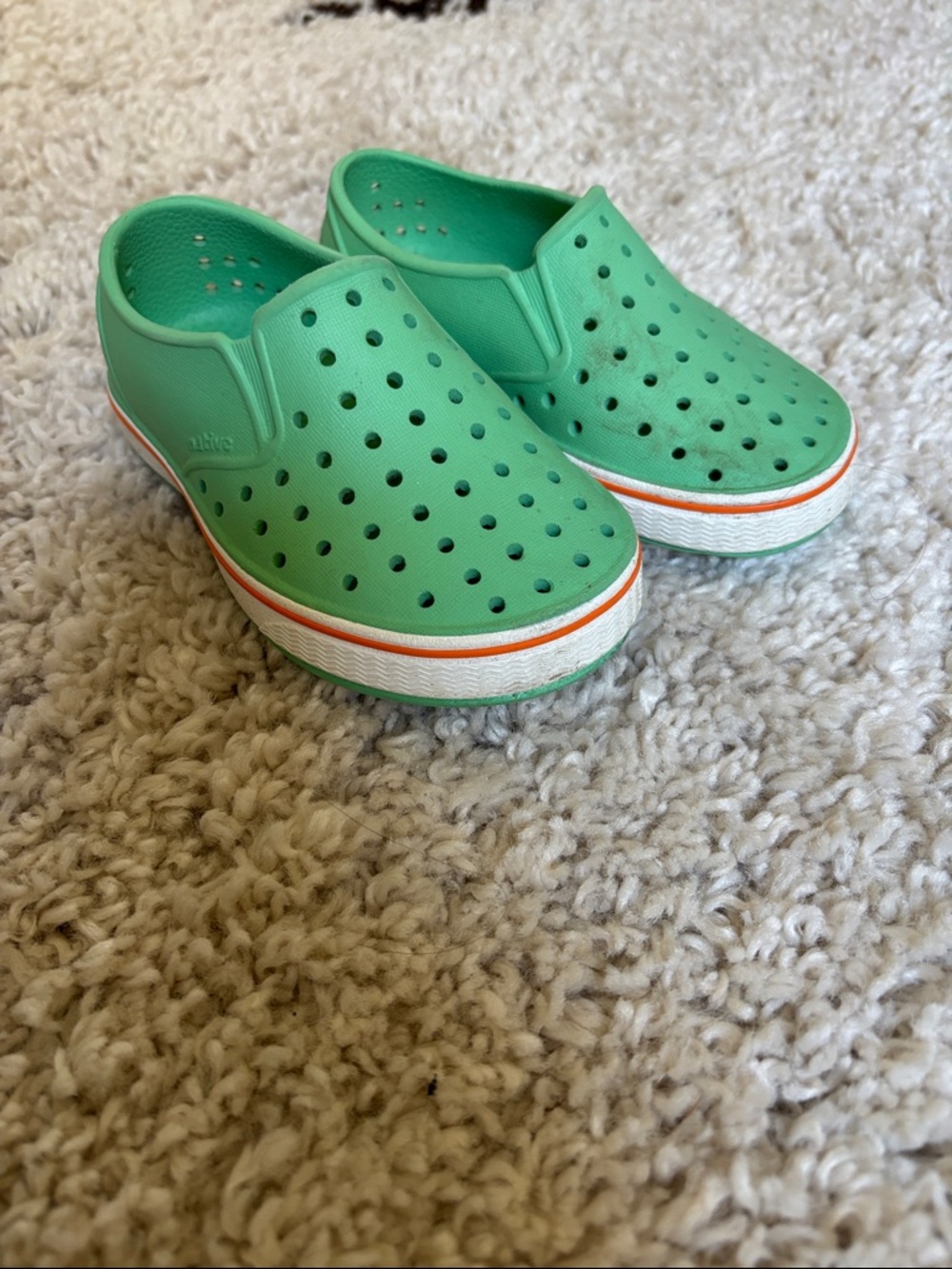 Native Shoes Kids Slip-On Clogs in Mint Green with Orange Trim